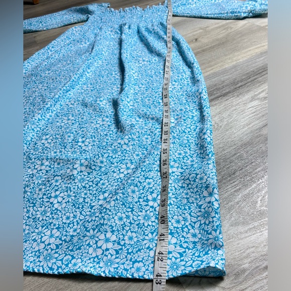 Velvet Torch Midi Smocked Dress Ivory Floral Square Neck Puff 3/4 Sleeve Small - Picture 7 of 12